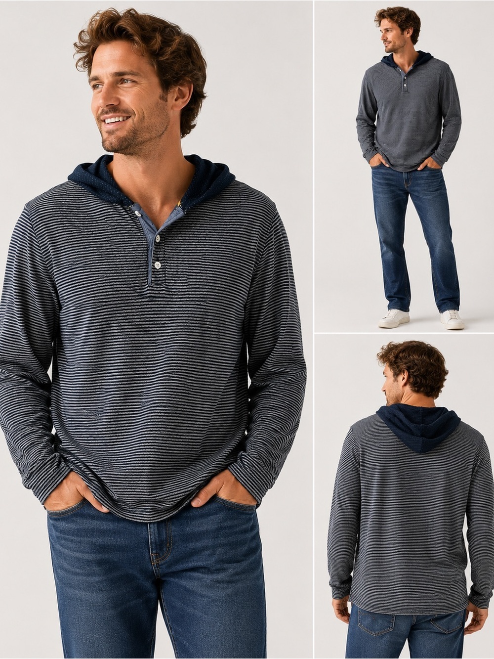 PD&C Paper Denim & Cloth Striped Hooded Henley Pullover | Men's Large